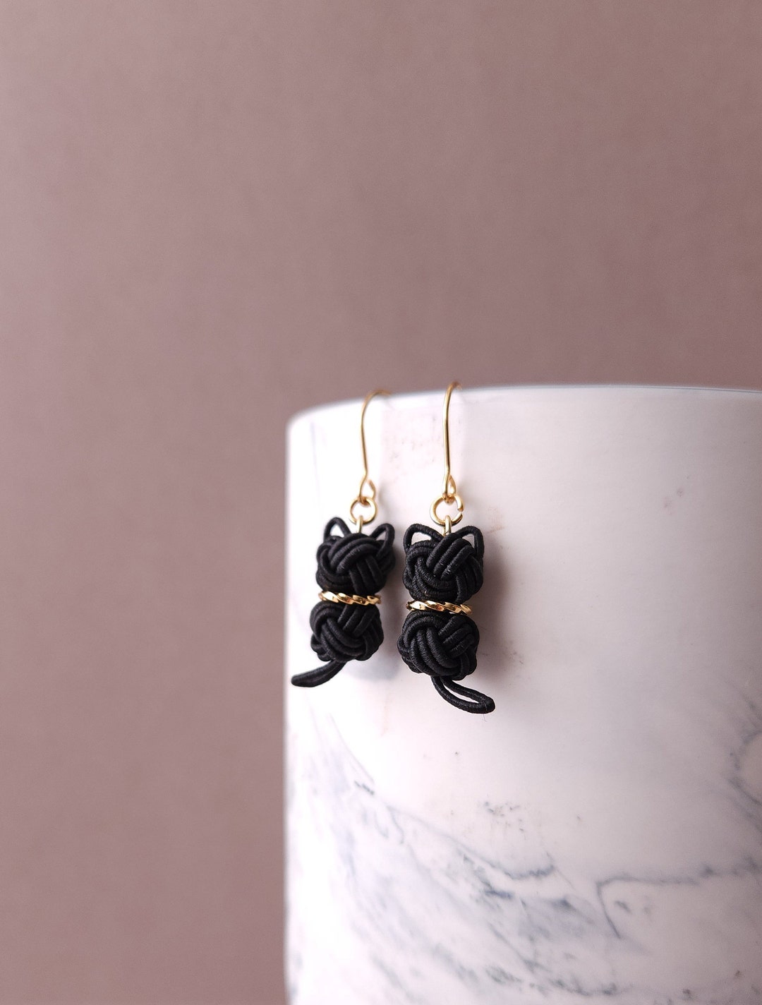 Black Cat Earrings, Japanese Mizuhiki Drop Earrings, Halloween Cat Earrings, Cat Lover Gift