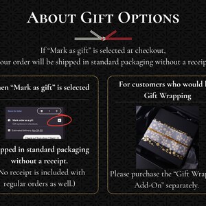 May include: Image with text about gift options. Text includes "Mark as gift" selection at checkout, standard packaging, and gift wrapping add-on information. The background is dark with a repeating pattern.