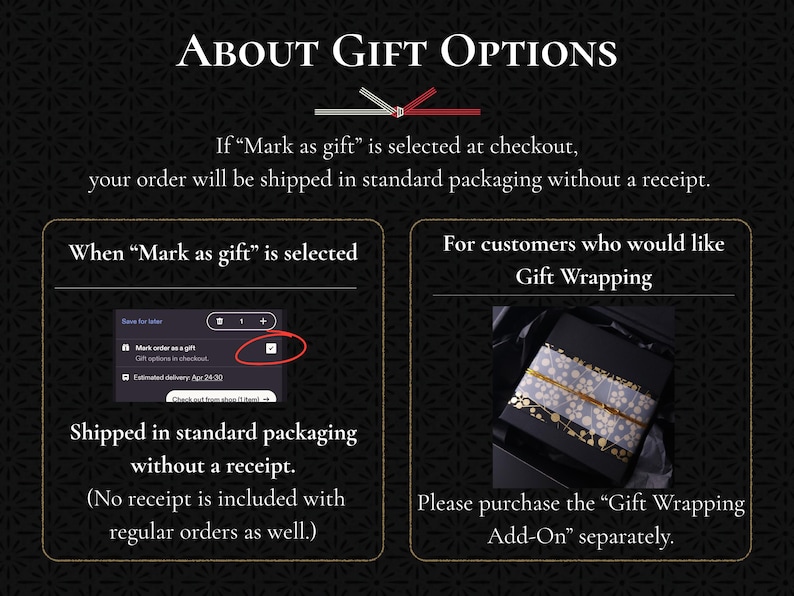 May include: Image with text about gift options. Text includes "Mark as gift" selection at checkout, standard packaging, and gift wrapping add-on information. The background is dark with a repeating pattern.
