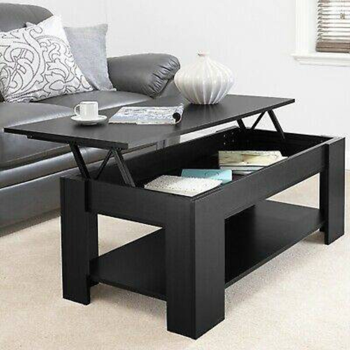 Black Wooden Coffee Table With Storage Lift Top Up Drawer Etsy