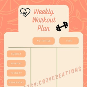 Op de afbeelding: Een printbare wekelijkse workoutplanner met een perzikkleurige achtergrond en een groene rand. De planner heeft een sectie voor activiteiten en een sectie voor tijd. De dagen van de week staan links op de planner. De tekst "Weekly Workout Plan" staat bovenaan de planner.