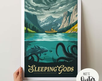 Póster no oficial inspirado en SLEEPING GODS / Póster y lámina decorativa retro para juegos de mesa / Fantasía, juegos de rol / Idea de regalo para decoración del hogar