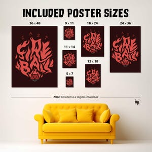 May include: A collection of digital download posters with a fiery "Cast Fireball" design in various sizes, including 36x48 inches, 24x36 inches, 18x24 inches, 11x14 inches, 12x18 inches, 9x11 inches, and 5x7 inches. The posters are displayed above a yellow sofa.