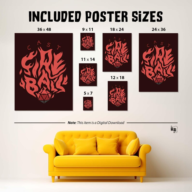 May include: A collection of digital download posters with a fiery "Cast Fireball" design in various sizes, including 36x48 inches, 24x36 inches, 18x24 inches, 11x14 inches, 12x18 inches, 9x11 inches, and 5x7 inches. The posters are displayed above a yellow sofa.