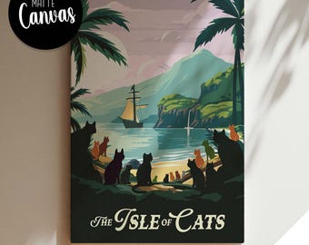 Lienzo inspirado en La Isla de los Gatos (no oficial) / Arte mural retro para juegos de mesa / Fantasía, D&D, RPG / Decoración para el hogar e idea de regalo