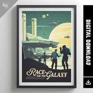 May include: A retro-style poster with a green, yellow, and blue color scheme. It features a futuristic cityscape with a large spaceship in the background. The text on the poster reads "Race for the Galaxy".