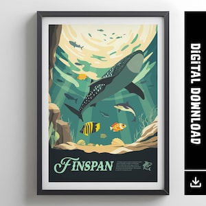 Könnte beinhalten: Gerahmter Kunstdruck mit einer Unterwasserszene mit einem Walhai, verschiedenen Fischen und Sonnenlicht. Der Druck hat eine Farbpalette aus Türkis und Beige, mit dem Wort "FINSPAN" am unteren Rand. Digitaler Download.