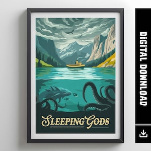 May include: Framed art print depicting a lake scene with a yellow boat, mountains, and a stormy sky. Underwater, a sea monster and tentacles are shown. The print includes the text "SLEEPING GODS" in a vintage style font.