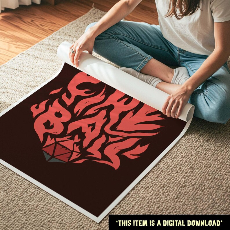 May include: A rolled-up poster featuring a stylized red design of a fiery creature's head with a multi-sided die. The poster is on a dark brown background with a white border. The text at the bottom reads "THIS ITEM IS A DIGITAL DOWNLOAD."