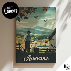 May include: A vintage-style illustration of a farmer standing in a field with a farmhouse in the background. The text "Agricola" is printed at the bottom of the image.