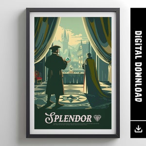 May include: A retro-style poster for the board game Splendor. The poster features two figures in a grand room with a view of a castle in the background. The text "Splendor" is written in a stylized font with a diamond symbol.