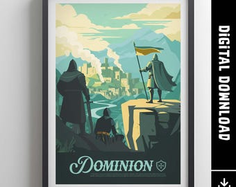 Puede incluir: Un póster de viaje de estilo retro que presenta un paisaje verde, amarillo y azul con un castillo en la distancia. Tres caballeros se paran en un acantilado con vistas a la escena. El póster dice "Dominion" en una fuente estilizada.