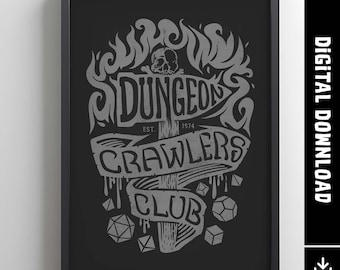 Dungeon Crawlers Club Poster, Funny Retro Board Game Poster & Printable Wall Art Print, Home Decor Gift Idea, Digital Download