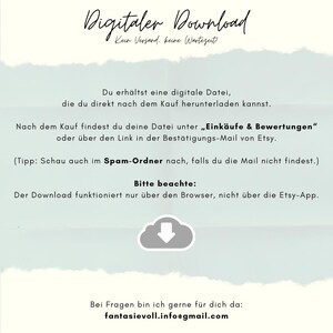 May include: A digital download graphic with the text "Digitaler Download" in a handwritten font. The image includes instructions on how to download the file after purchase, with a cloud icon and a downward arrow. The email address fantasievoll.info@gmail.com is also included.