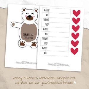 May include: Two-page invitation set. The left page features a white bear illustration with the text "GEBURTSTAGS-EINLADUNG". The right page has a list with the words "WANN?" and "WO?" next to red heart illustrations. The bottom text reads "Vorlagen k&ouml;nnen mehrmals ausgedruckt werden, bis zur gew&uuml;nschten Anzahl".