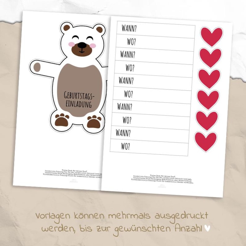 May include: Two-page invitation set. The left page features a white bear illustration with the text "GEBURTSTAGS-EINLADUNG". The right page has a list with the words "WANN?" and "WO?" next to red heart illustrations. The bottom text reads "Vorlagen k&ouml;nnen mehrmals ausgedruckt werden, bis zur gew&uuml;nschten Anzahl".
