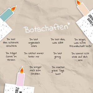 May include: A beige paper with the word "Botschaften" in white script. The paper has several phrases in German, such as "Du bist das sch&ouml;nste Geschenk." Decorative candles with flames are in the corners.