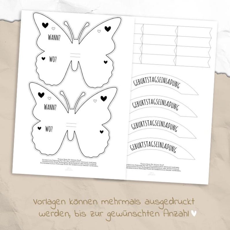 May include: Printable butterfly-shaped birthday invitation templates with the text "WANN?" and "WO?" on each butterfly. The template also includes four blank birthday invitation banners.