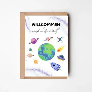 Willkommenskarte zur Geburt | Grußkarte „Willkommen auf der Welt“ mit Planeten & Rakete | Postkarte für Baby | Weltraum-Motiv