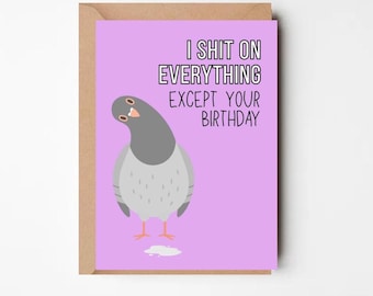 May include: A greeting card with a purple background and a cartoon pigeon illustration. The text on the card reads "I SHIT ON EVERYTHING EXCEPT YOUR BIRTHDAY". The card is inside a brown envelope.