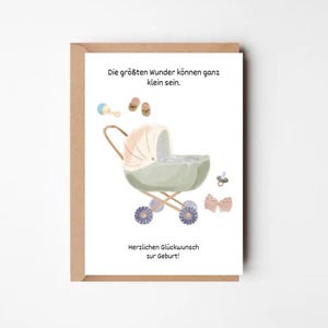 Geburtskarte mit Kinderwagen – Glückwunschkarte zur Geburt | Babykarte neutral | Grußkarte zur Geburt für Junge oder Mädchen | Postkarte