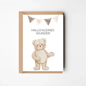 Glückwunschkarte zur Geburt – „Hallo kleines Wunder“ mit süßem Teddybär – Neutrale Babykarte für Mädchen und Jungen – Mit Umschlag