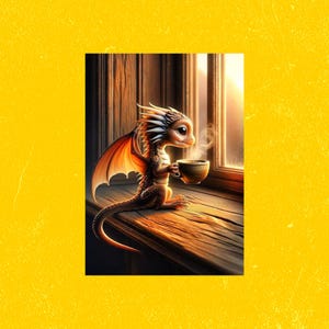 May include: A digital illustration of a cute dragon with orange wings and a white and brown head, holding a steaming cup of coffee. The dragon is sitting on a wooden windowsill, with sunlight streaming through the window.