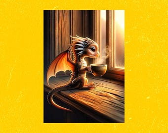 Fantasy Coffee Postcard, Dragon Drinking Coffee