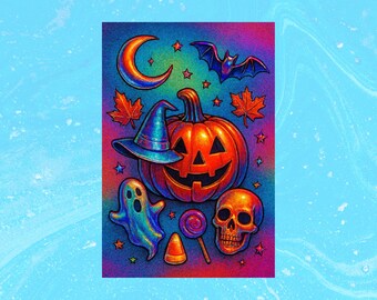 Spooky Halloween Postcard, Jack-o-Lantern Postcards, Ghosts, Bats, Skulls, Holiday Postcards