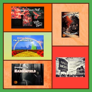 Wonderful Set of Unique Greetings From Postcards, Postcrossing, Greetings From Hell, Salem Mass, The Wizard of Oz, Bates Motel, Halloween