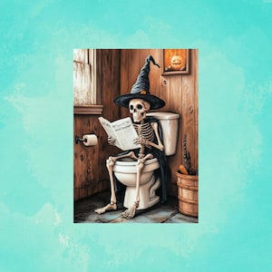 Humorous Halloween Postcard, Trick or Treat Postcards, Holiday Postcards, Postcrossing, Snail Mail, Postcard Art, Skelton Bathroom Postcard