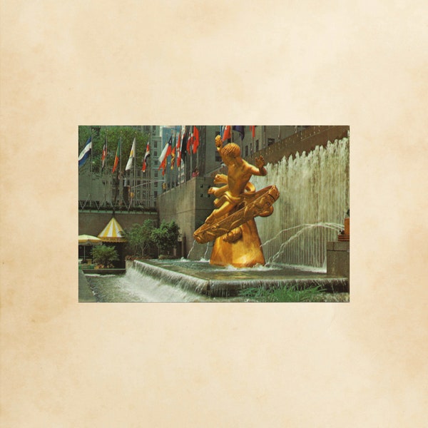 Vintage Rockefeller Center Postcard, The Sunken Plaza, New York City NY Postcard, Prometheus Statue, Postcrossing, Postcard Art, I Love NYC