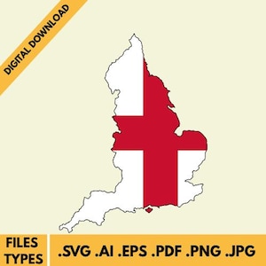 Pode incluir: Gráfico de download digital do mapa da Inglaterra com a bandeira da Cruz de São Jorge. O mapa é branco com uma cruz vermelha, sobre um fundo amarelo claro. Texto: "DOWNLOAD DIGITAL" e tipos de arquivo: .SVG .AI .EPS .PDF .PNG .JPG.