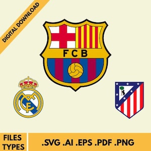 May include: Digital download graphic featuring three football club logos: FC Barcelona, Real Madrid, and Atlético de Madrid. The FC Barcelona logo is a shield with a cross and stripes. The Real Madrid logo is a crown with a circle. The Atlético de Madrid logo is a shield with stripes.