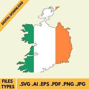 Puede incluir: Gráfico de descarga digital del mapa de Irlanda en verde, blanco y naranja, que representa la bandera irlandesa. Las palabras "DESCARGA DIGITAL" están en una pancarta amarilla. Debajo del mapa están las palabras "TIPOS DE ARCHIVOS" y extensiones de archivos: .SVG .AI .EPS .PDF .PNG .JPG.