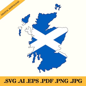 Puede incluir: Gráfico digital del mapa de Escocia, en azul con una cruz blanca de San Andrés. La imagen incluye el texto "DESCARGA DIGITAL" en una pancarta amarilla y extensiones de tipo de archivo en la parte inferior.