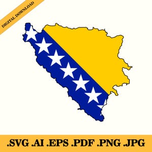 Bosnia and Herzegovina flag map, silhouette, badge, national flag, vector digital download, Eps, Ai, Png, Jpg, Pdf, and Svg