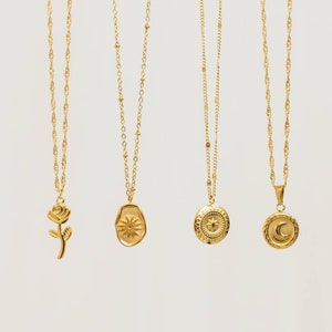 Goldkette mit Anhänger, Halskette Gold, Goldkette Sonne, Mond, Rose, Stern, Filigrane Kette Gold,  MadeByResa