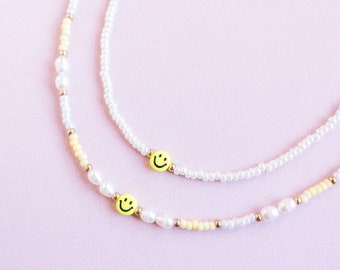 Perlenkette Smiley, Kette Smiley, Süßwasserperlenkette mit Smiley, Perlenkette bunt, MadeByResa