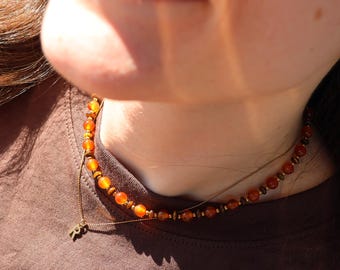 Halsketting van natuursteen in oranje en bruin – kralenketting met carneool, agaat, tijgeroog en roestvrij staal, verstelbare lengte