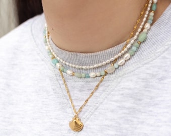 Bunte Perlenkette aus Natursteinen und Süßwasserperlen, Perlenkette bunt, Halskette mit Perlen, Necklace, MadeByResa