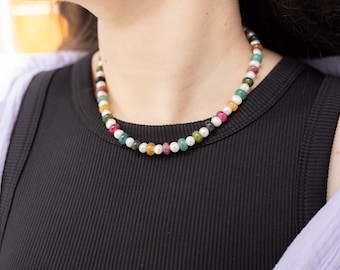 Collar de perlas gruesas hecho de cuentas de piedra natural y perlas de agua dulce, collar de perlas de colores, collar de perlas gruesas, regalo para mujeres, MadeByResa