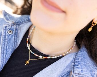 Kleurrijke kralenketting gemaakt van zoetwaterparels, Miyuki-kralen en roestvrij staal, ketting met kleurrijke kralen, MadeByResa