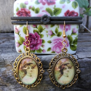victorian cameo earrings, dangle earrings, vintage jewelry