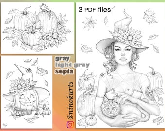 Halloween set, Whitch, Autumn coloring pages to download, antistress relaxing printable adult coloring page, grayscale illustration