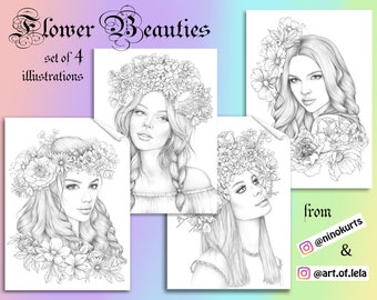 Set of 4 coloring pages, download grayscale illustrations, anti stress relaxing printable coloring for adult, fashion beauty girls portraits