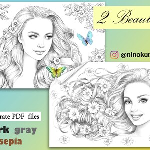 2 coloring pages, download grayscale illustrations, antistress relaxing printable coloring for adults, fashion beauty girls portraits