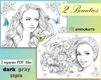 2 coloring pages, download grayscale illustrations, antistress relaxing printable coloring for adults, fashion beauty girls portraits