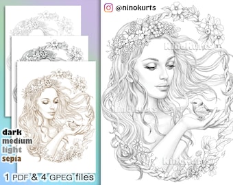 Adult coloring page - coloring Illustration - Printable Instant Download - Grayscale - Line Art