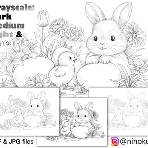 Easter egg bunny and flowers drawings for coloring page. downloadable grayscale, relaxing printable adult colouring illustration